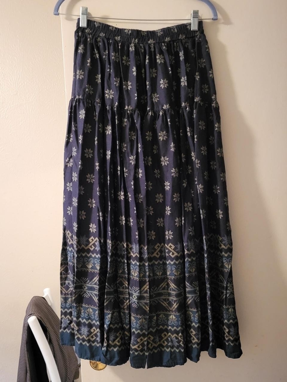 SHAN Navy Midi Skirt with Light Blue and Cream Motif